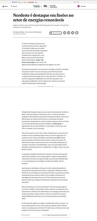 Nordeste  destaque em fuses no setor de energias renovveis